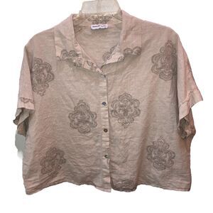 Civico 51 Womens Large Italy Crop Button Shirt Natural Paisley Print Linen Blend